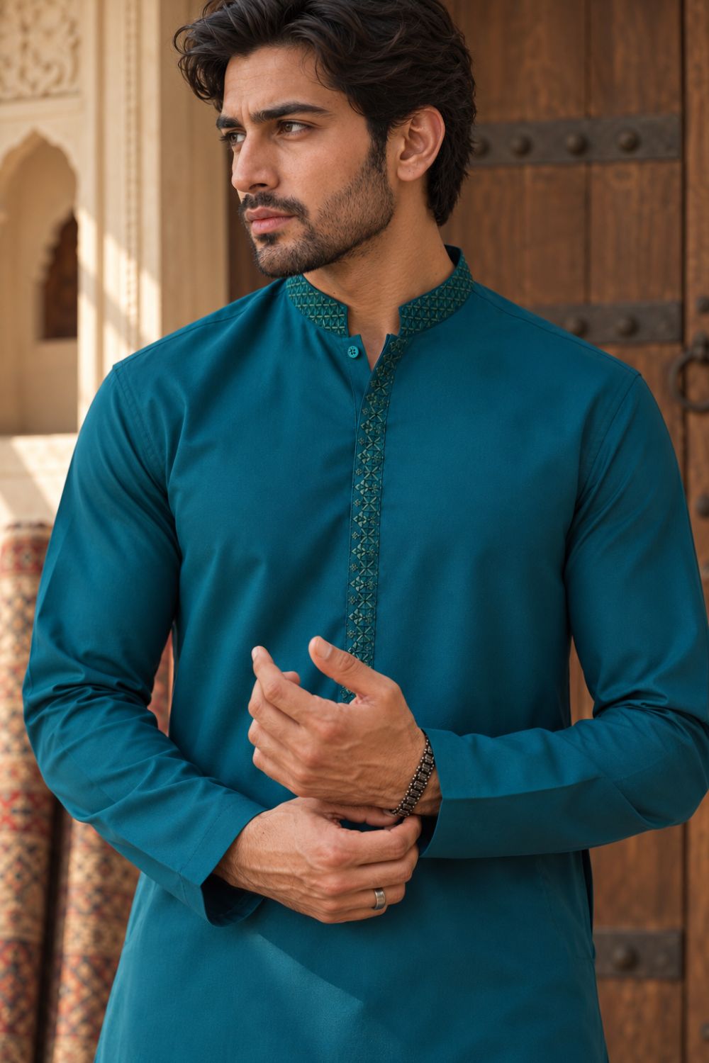 Teal Blue Embroidered Kameez Shalwar