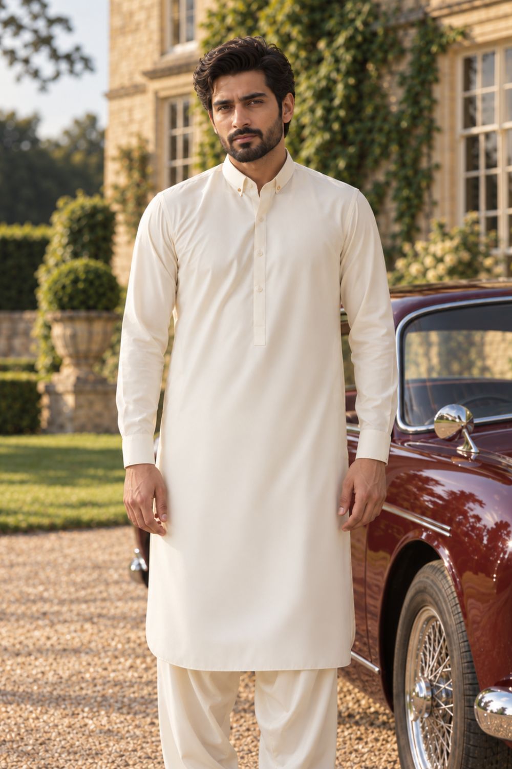Cream Self Textured Kameez Shalwar