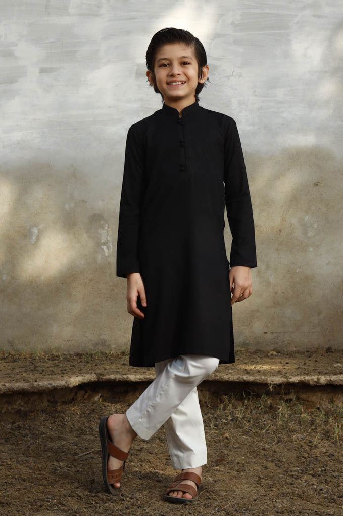 PITCH BLACK TEXTURED KID'S KURTA PAJAMA