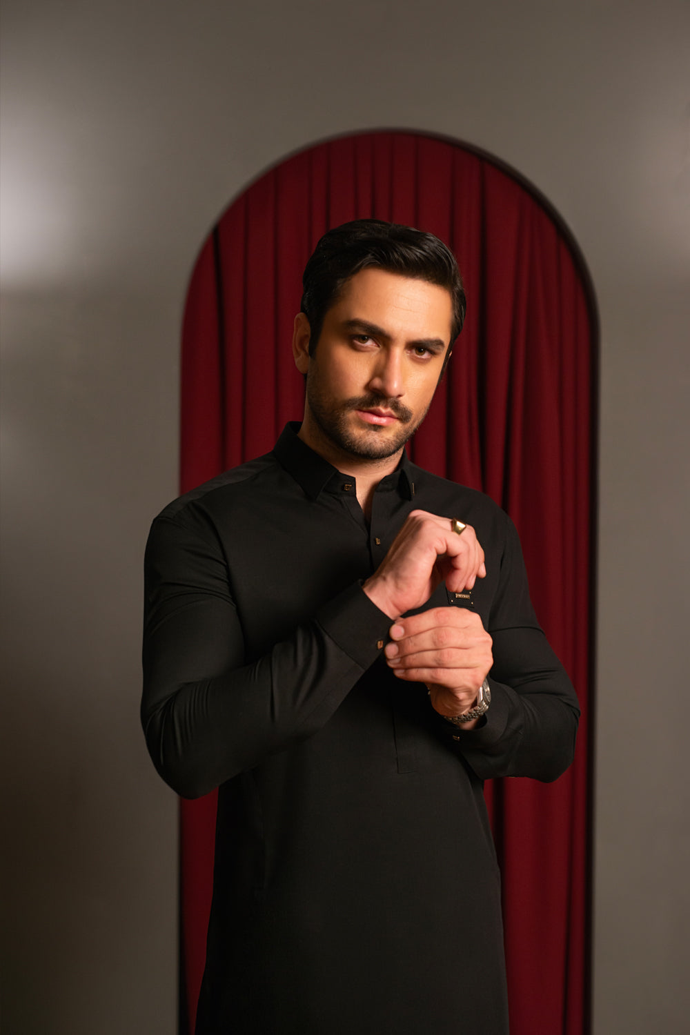 Black Dobby Designer Kameez Shalwar