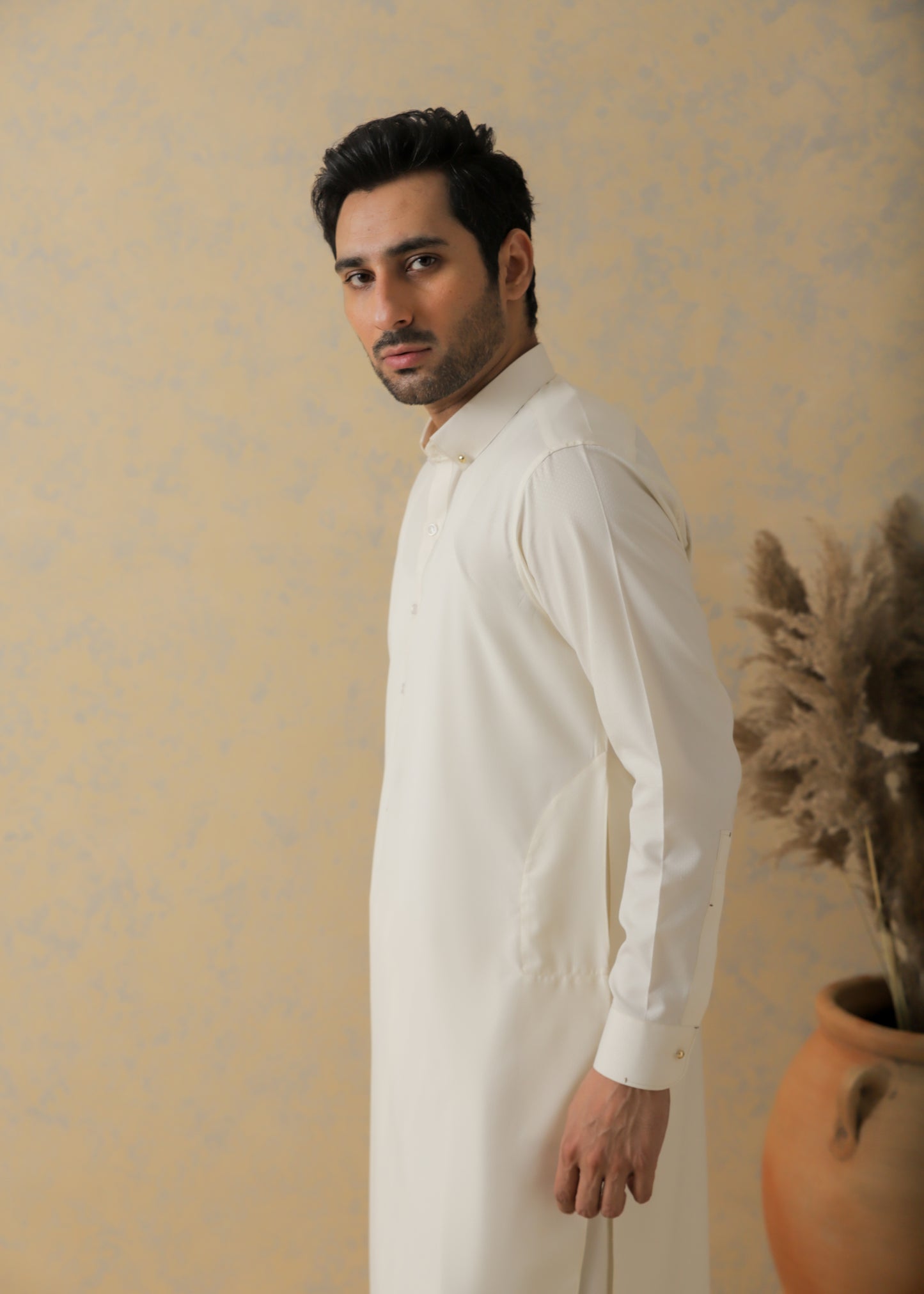 Cream Self Textured Kameez Shalwar