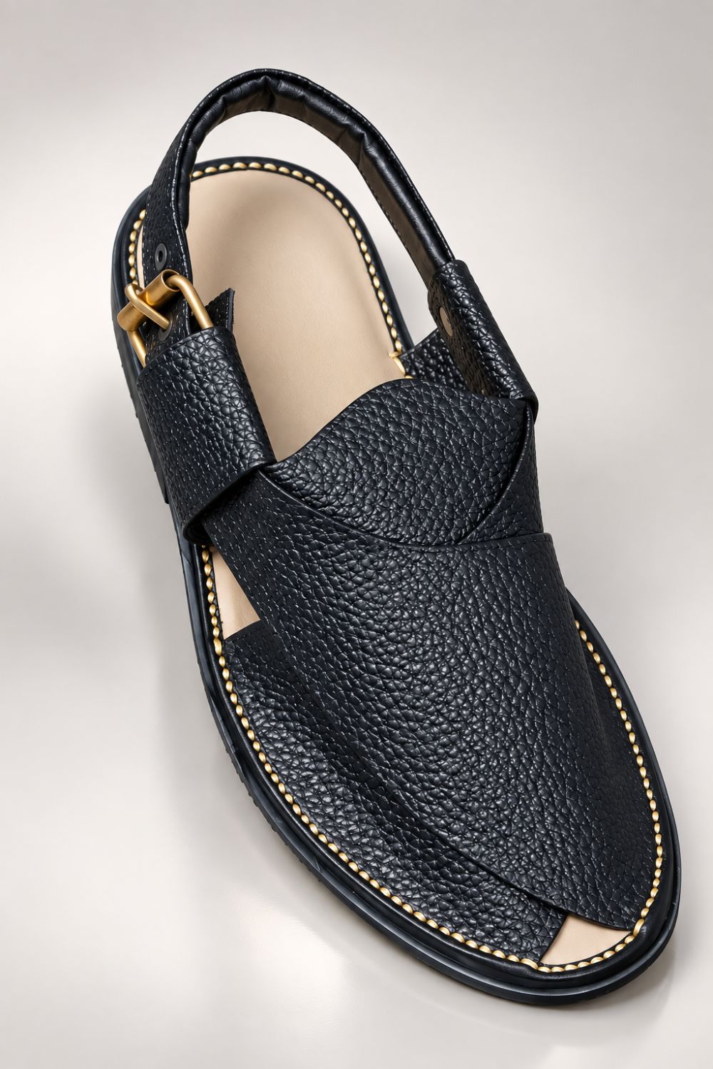 Black Textured Round Toe Peshawari Sandal