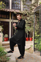 Classic Black Button-Down Collar Kameez Shalwar