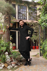 Classic Black Button-Down Collar Kameez Shalwar