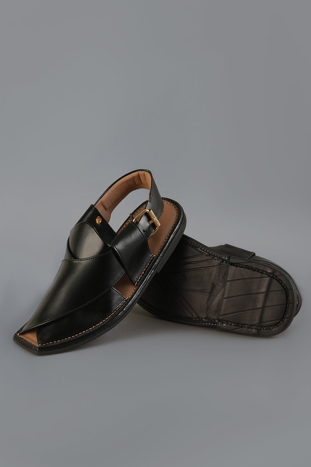 Smooth Black Leather Peshawari Chappals