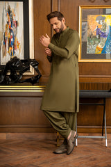 Olive Green Blended Kameez Shalwar