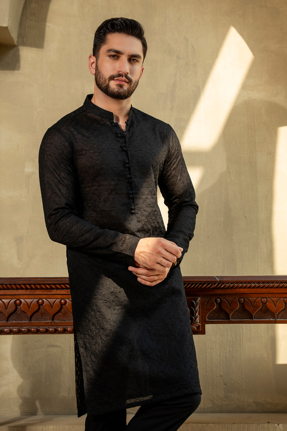 Coal Black Schiffli Kurta Pajama