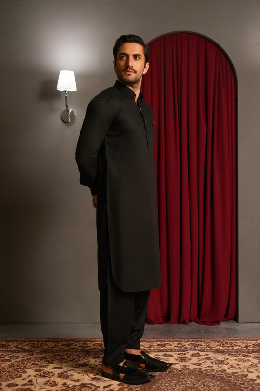 Black Dobby Designer Kameez Shalwar