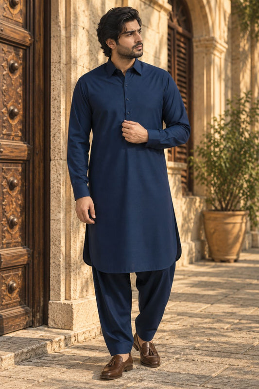 Oxford Blue Textured  Kameez Shalwar