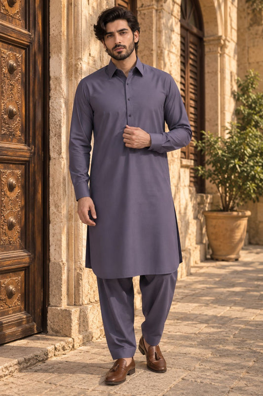 Muave Gray Textured Kameez Shalwar