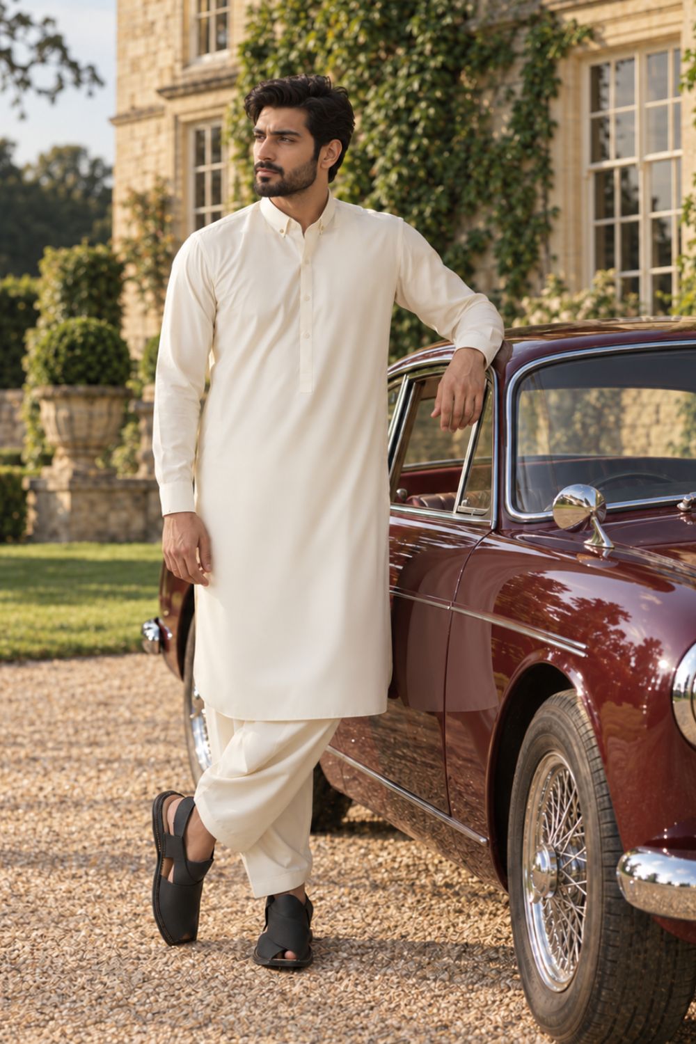 Cream Self Textured Kameez Shalwar