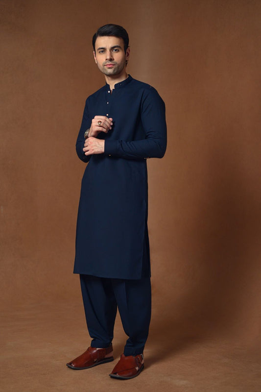 Navy Blue Blended Kameez Shalwar