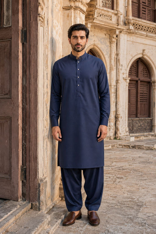 Navy Blue Blended Kameez Shalwar