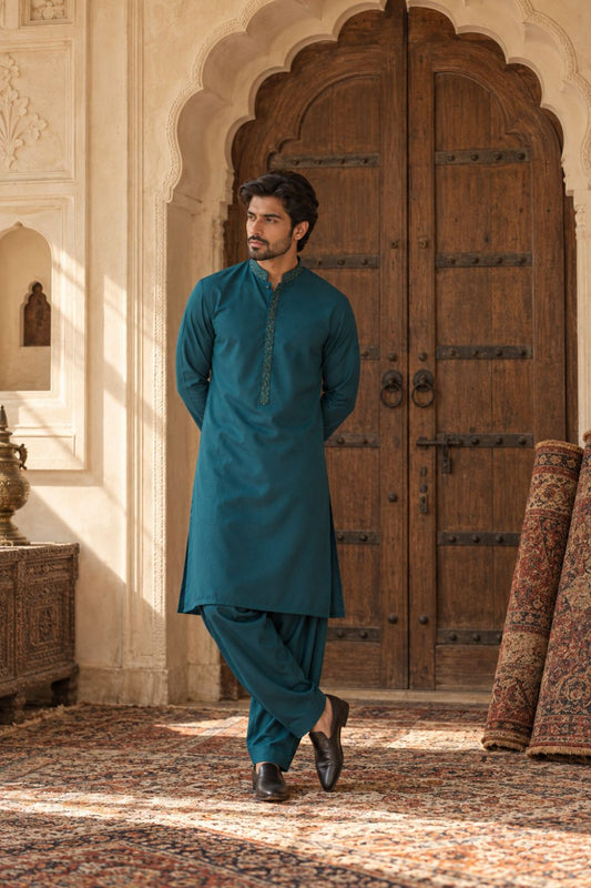 Teal Blue Embroidered Kameez Shalwar