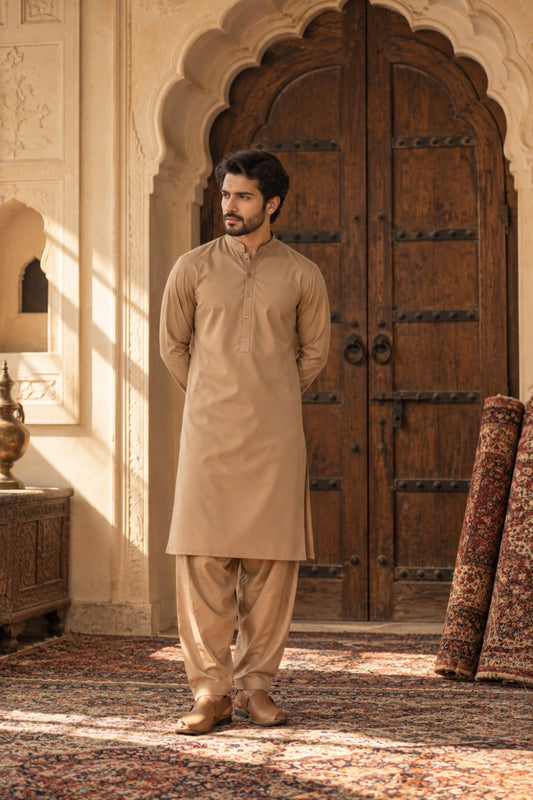 Beige Embroidered Kameez Shalwar