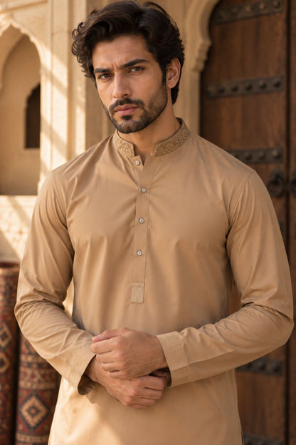 Beige Embroidered Kameez Shalwar