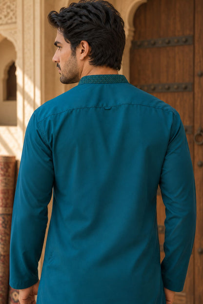 Teal Blue Embroidered Kameez Shalwar