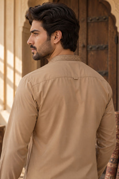 Beige Embroidered Kameez Shalwar