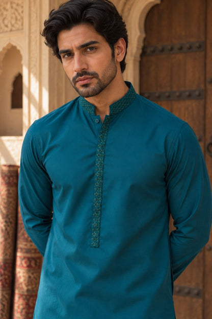 Teal Blue Embroidered Kameez Shalwar