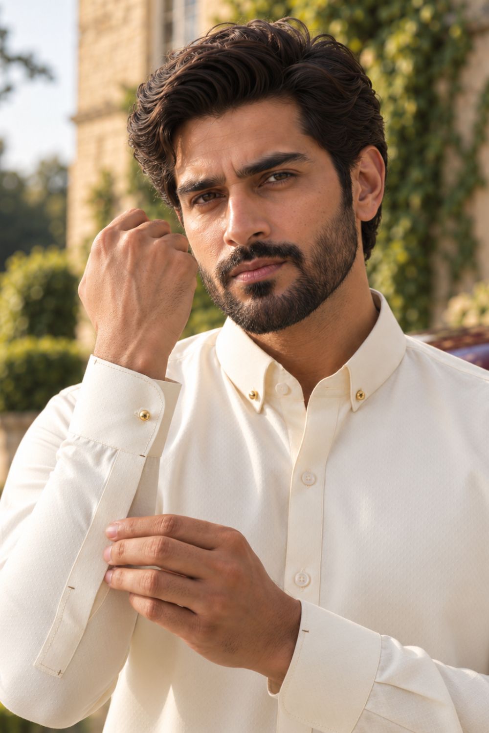 Cream Self Textured Kameez Shalwar