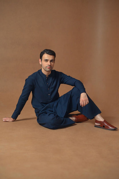 Navy Blue Blended Kameez Shalwar