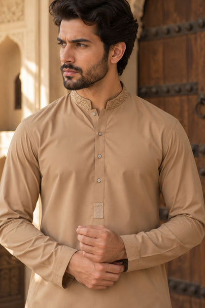 Beige Embroidered Kameez Shalwar