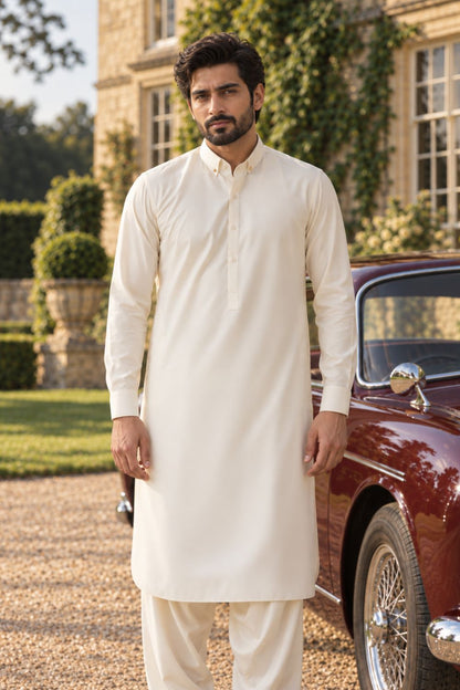 Cream Self Textured Kameez Shalwar
