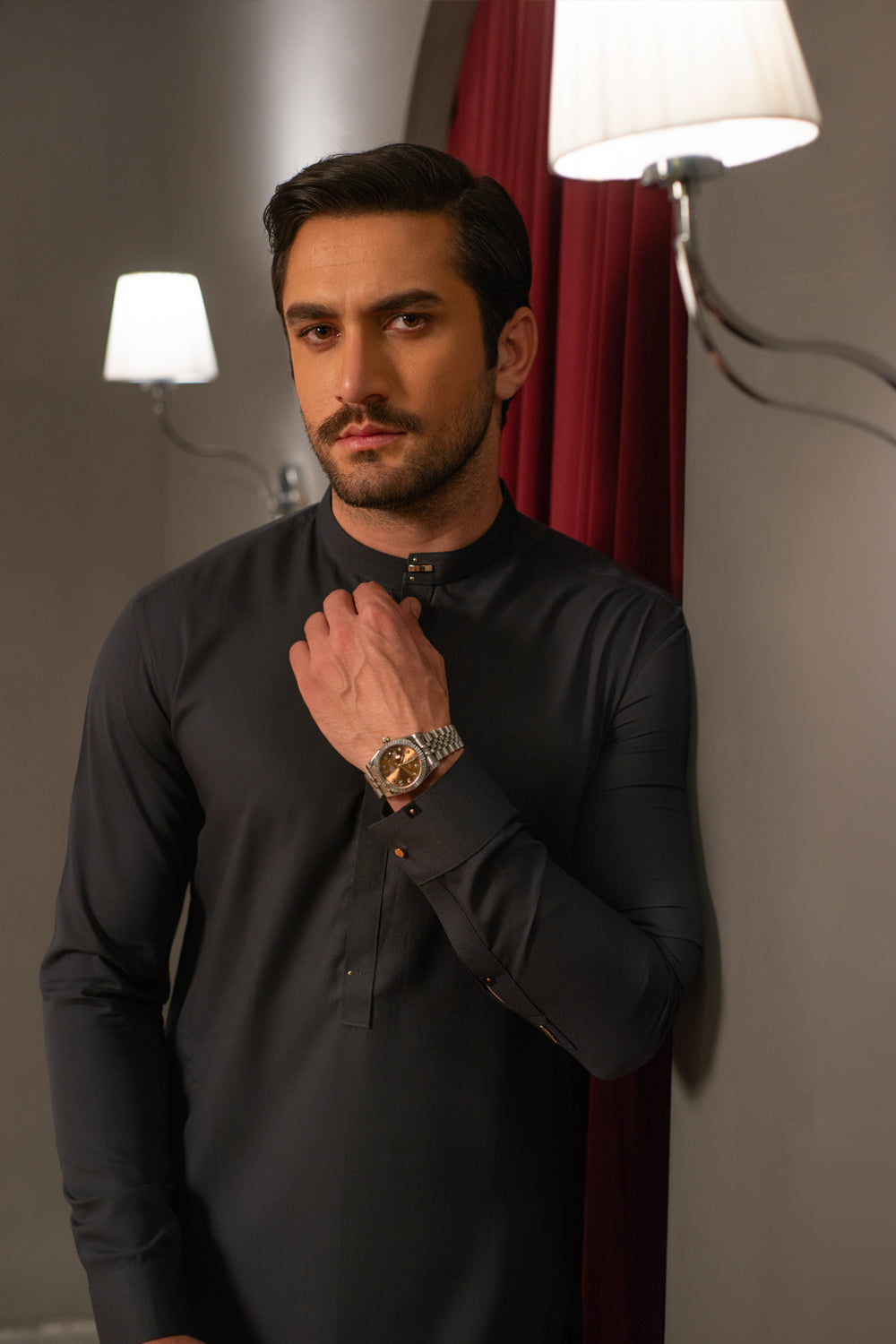 Charcoal Gray Dobby Designer Kameez Shalwar