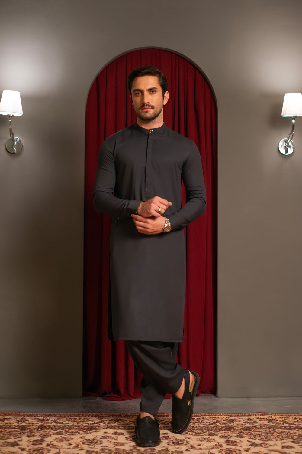 Charcoal Gray Dobby Designer Kameez Shalwar