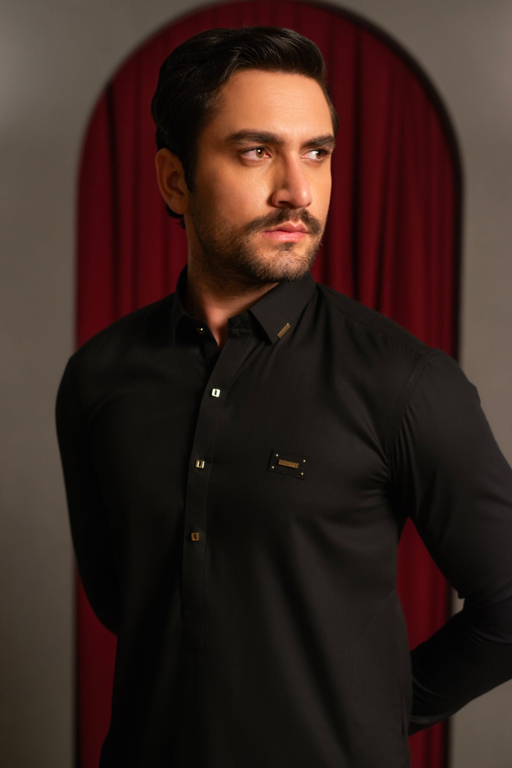 Black Dobby Designer Kameez Shalwar