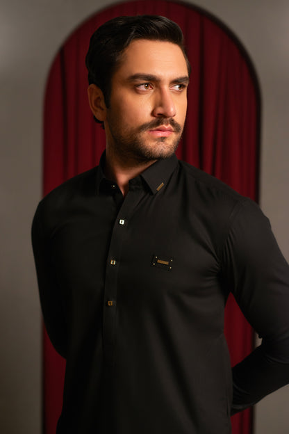 Black Dobby Designer Kameez Shalwar