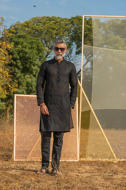 Black Schiffli Kurta Pajama