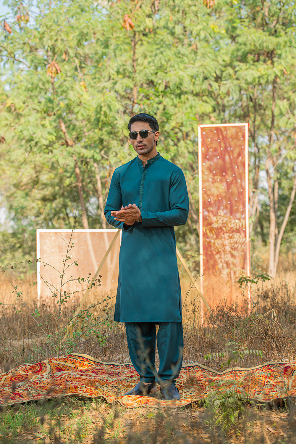 Teal Blue Embroidered Kameez Shalwar