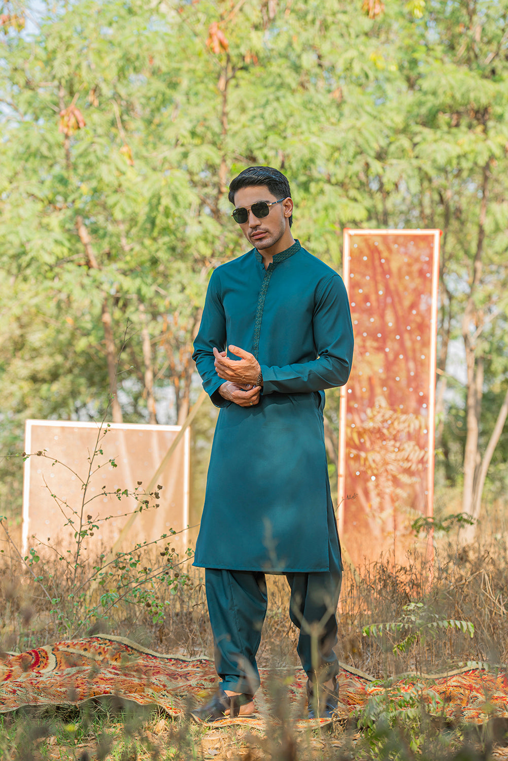 Teal Blue Embroidered Kameez Shalwar