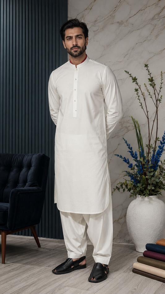Off-White Cotton Kameez Shalwar
