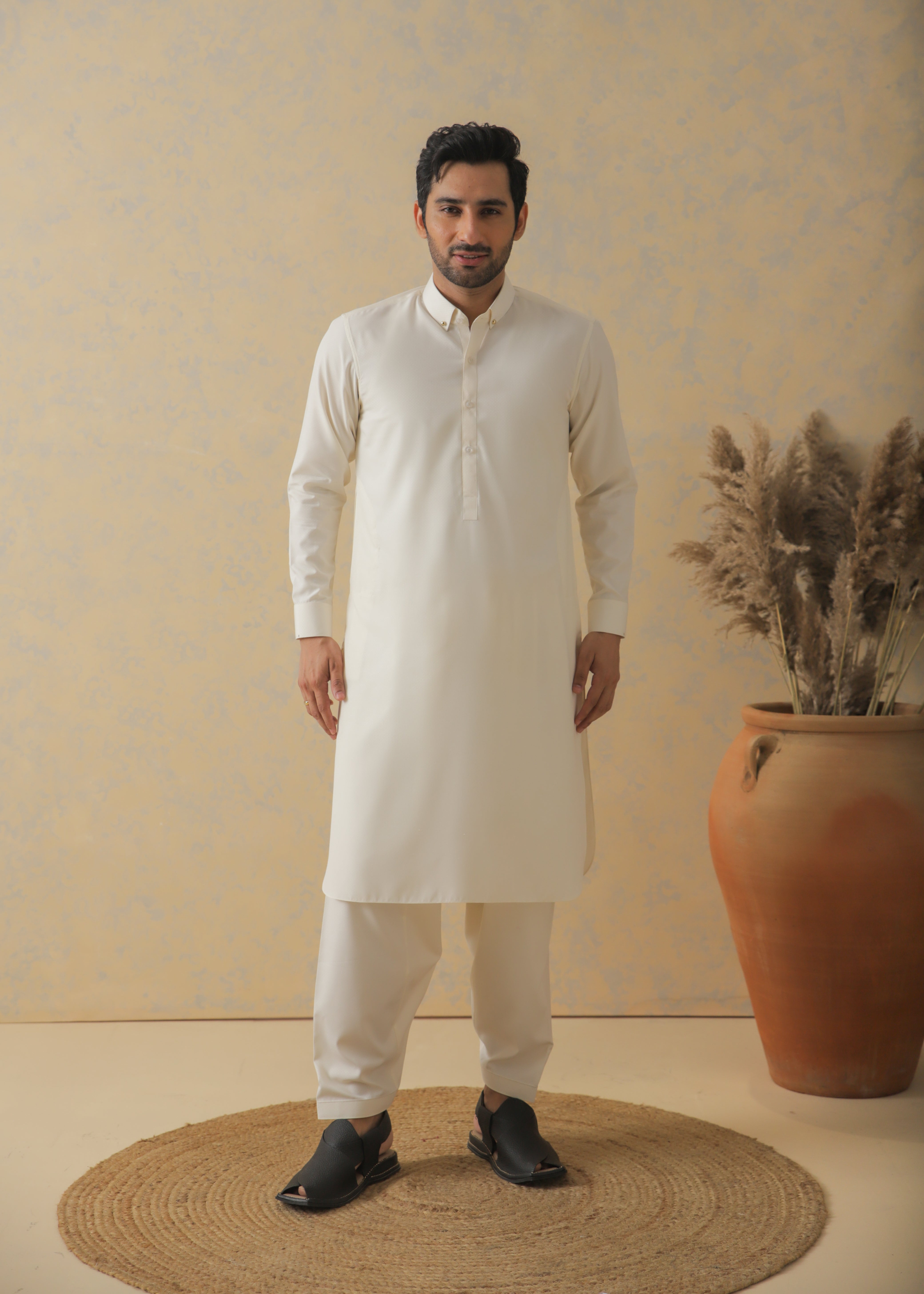 Cream Self Textured Kameez Shalwar