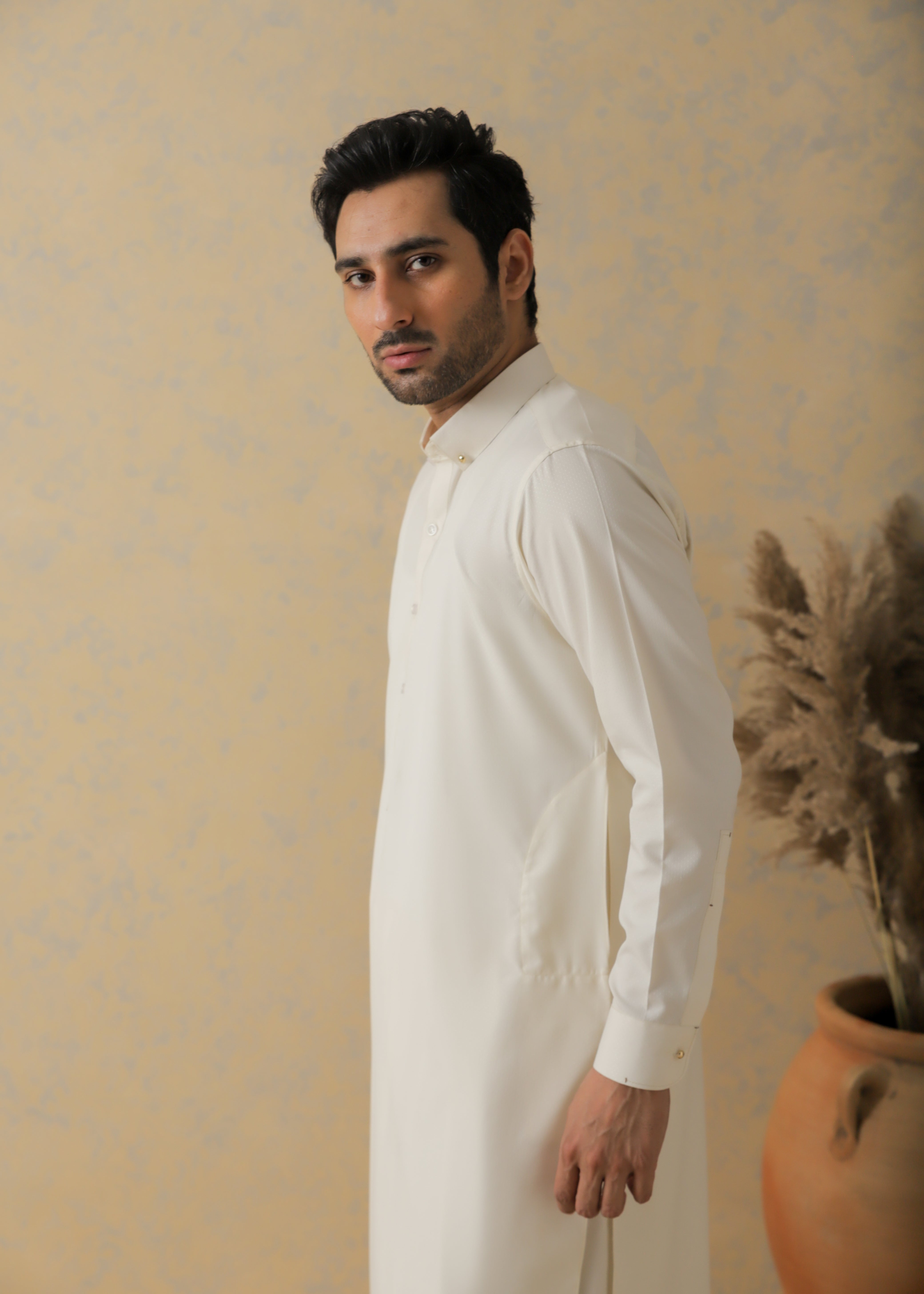 Cream Self Textured Kameez Shalwar