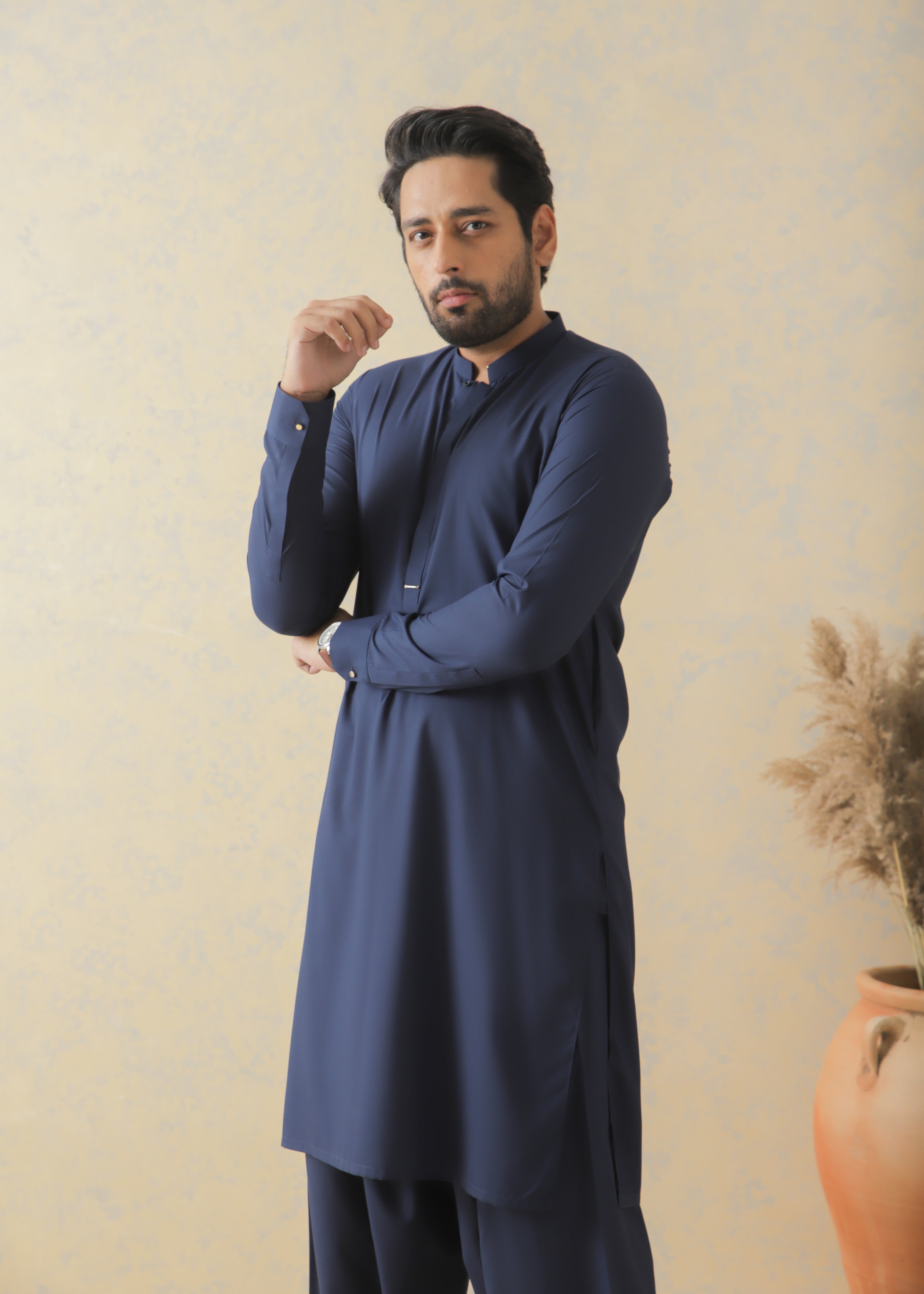 Navy Blue Blended Kameez Shalwar