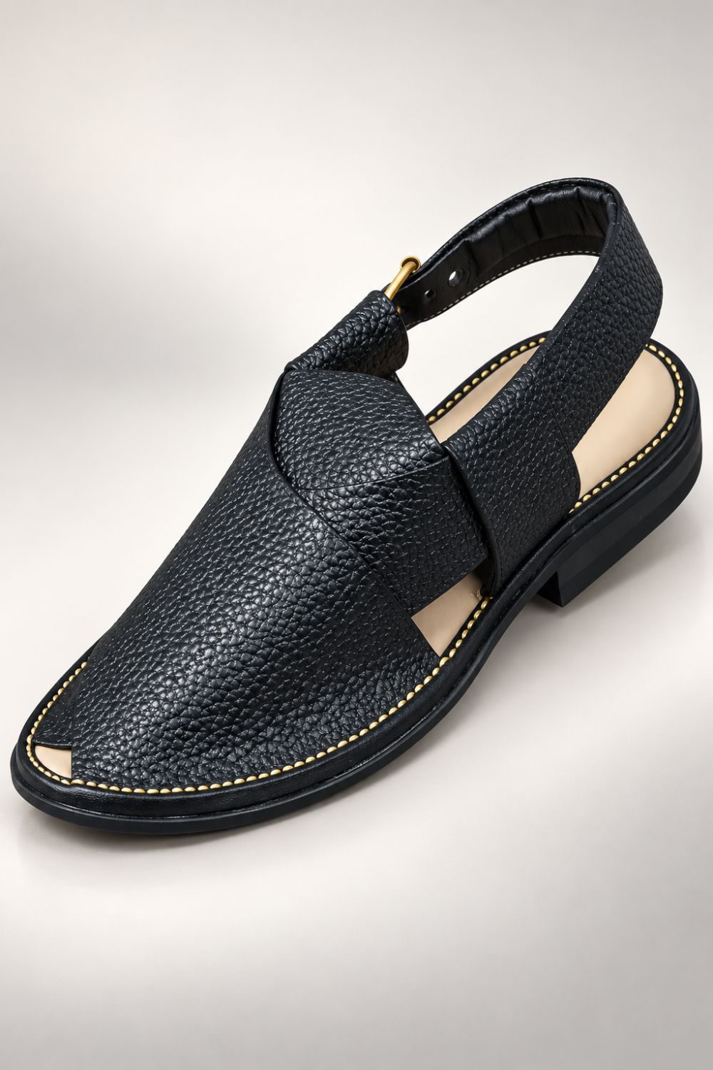 Black Textured Round Toe Peshawari Sandal
