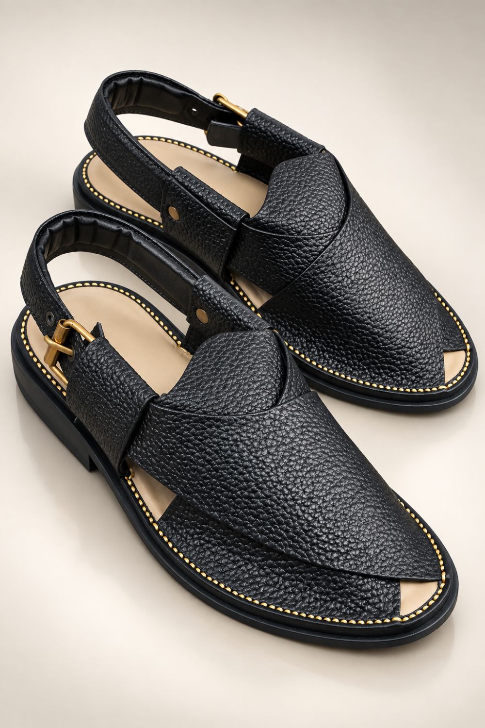 Black Textured Round Toe Peshawari Sandal
