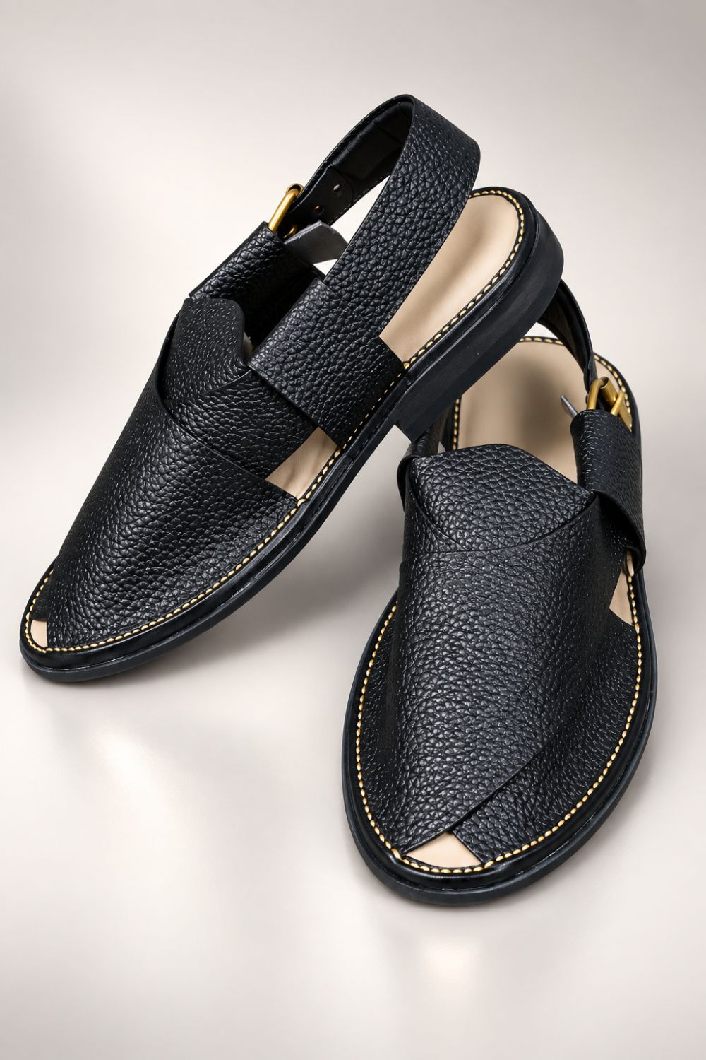 Black Textured Round Toe Peshawari Sandal
