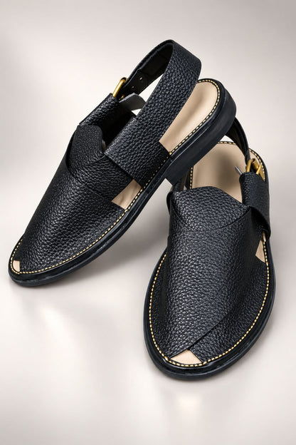 Black Textured Round Toe Peshawari Sandal