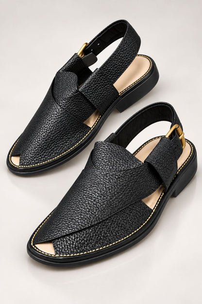 Black Textured Round Toe Peshawari Sandal