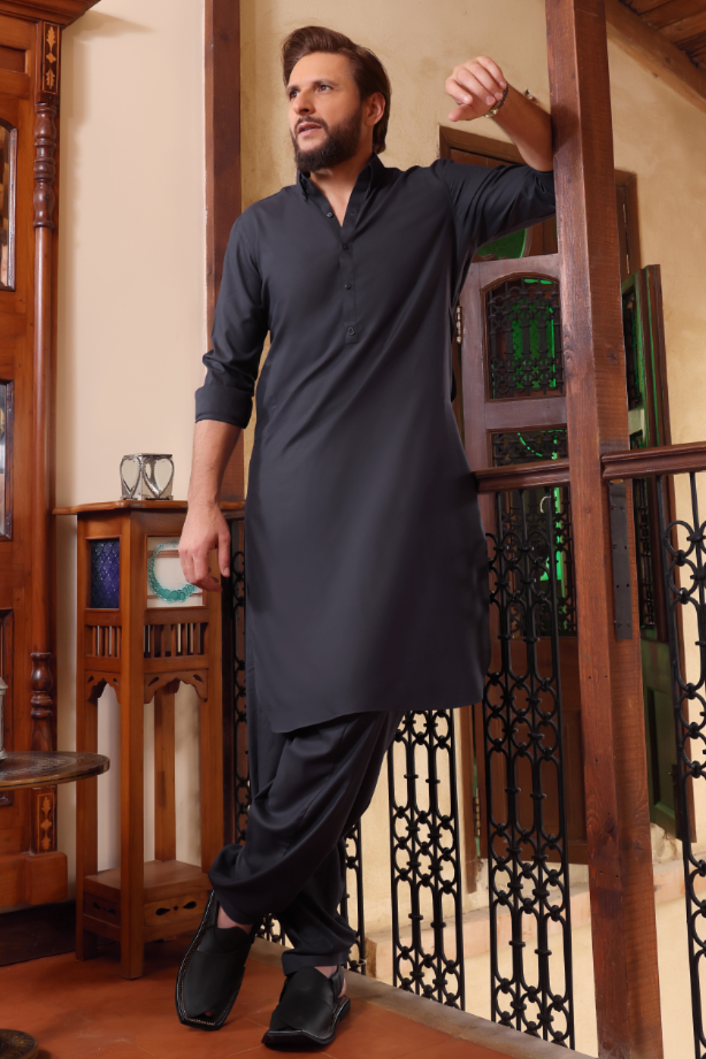 Slate Grey Button-Down Collar Kameez Shalwar