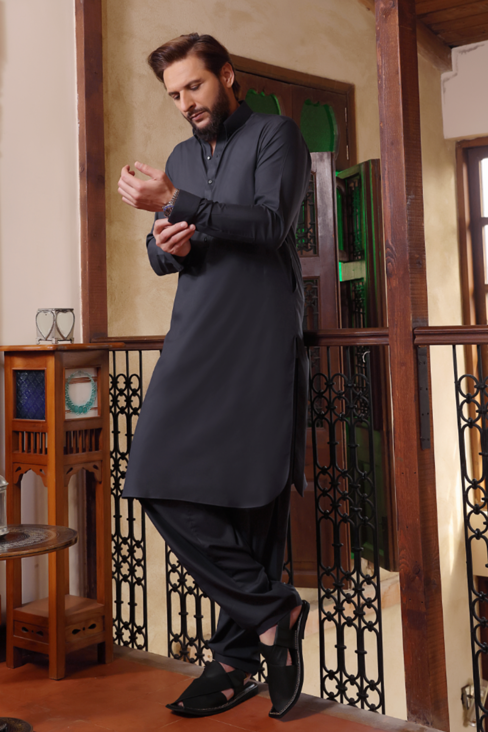 Slate Grey Button-Down Collar Kameez Shalwar