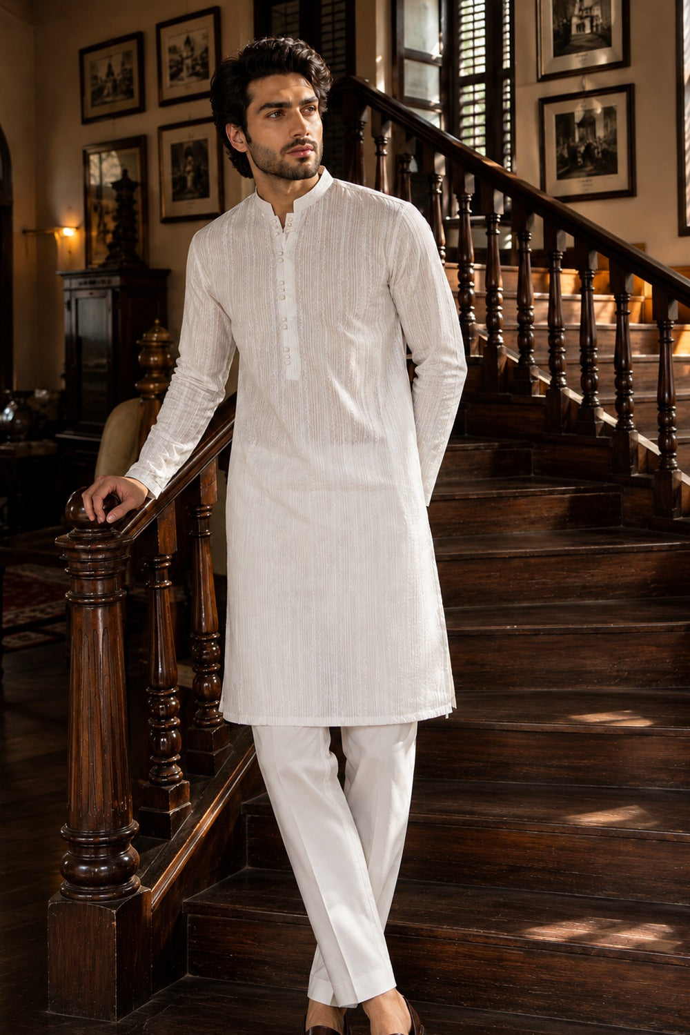 White Schiffli Kurta Pajama