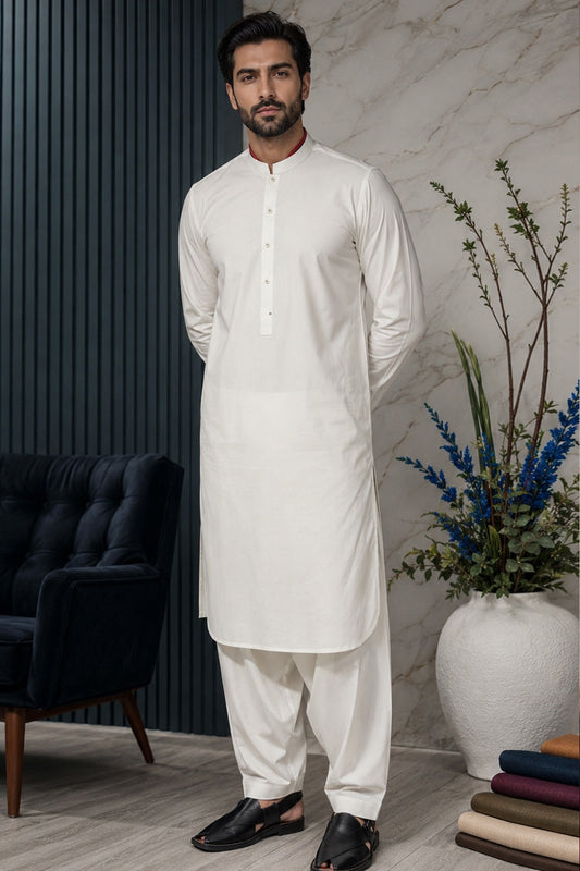 Off-White Cotton Kameez Shalwar