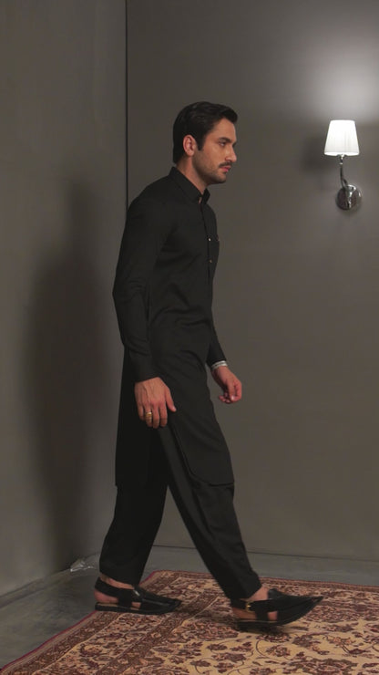 Black Dobby Designer Kameez Shalwar