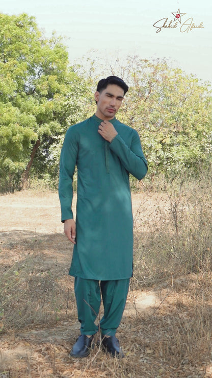 Teal Blue Embroidered Kameez Shalwar