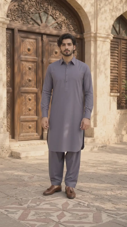 Muave Gray Textured Kameez Shalwar